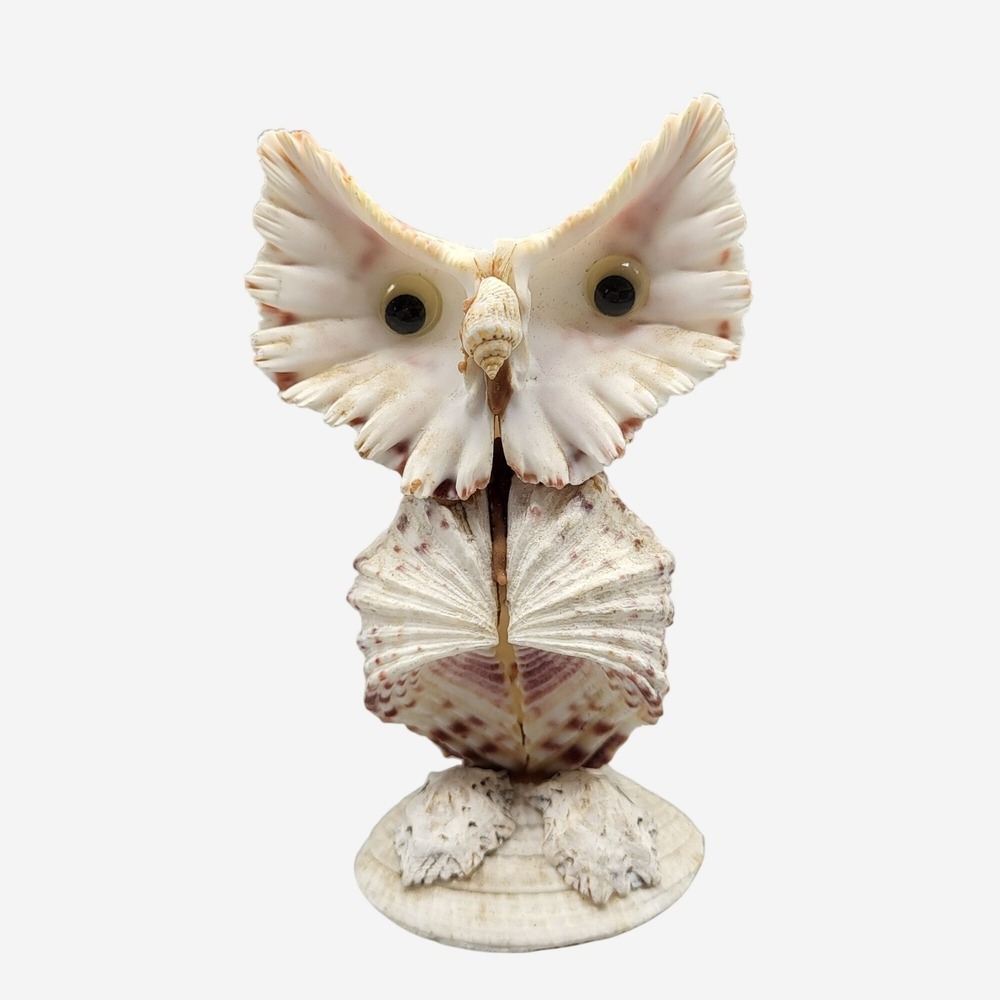 Vintage Googly Eyes Handcrafted Seashell Owl Beach decor Boho Folk Art 4"